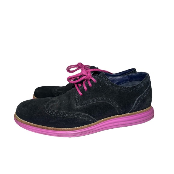 COLE HAAN Men's Lunargrand Leather Black Suede Wingtip Pink Oxford Shoes 8.5 - Picture 1 of 11